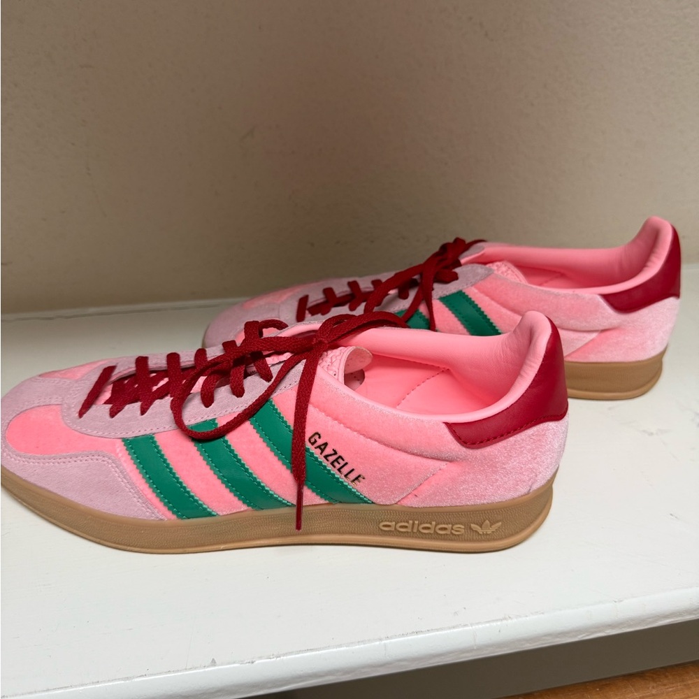 RARE Adidas Gazelle Pink Velvet with Green Stripes